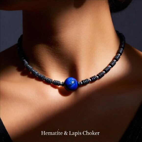 healing hands Jewelry - Lapis Lazuli & Hematite! Wear as a Choker or Wrap Bracelet! 15.5" + 3" Extender